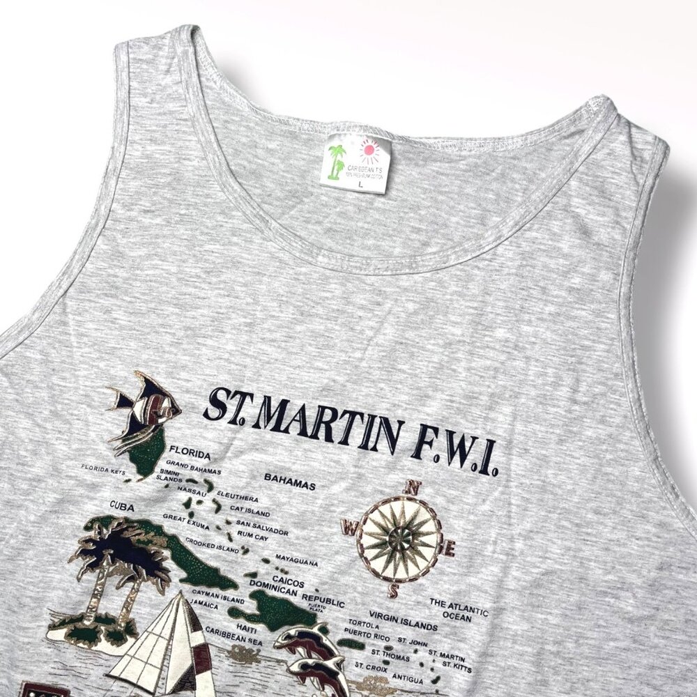 St Martin St Maarten Tank Top Map Graphic Gray Cotton Size Large - Picture 2 of 6